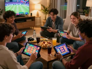 Engaged friends enjoying AU88 gaming on tablets and smartphones in a cozy atmosphere