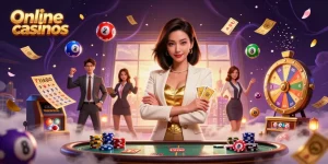 Engage with online casinos through thrilling games featuring a glamorous businesswoman.