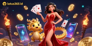 Experience the thrill of gambling with your lotus365 id, featuring stunning visuals of a confident woman and a golden dragon.