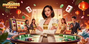 Mega888 Thailand APK with a professional Asian woman in a glamorous setting playing her cards at a casino.