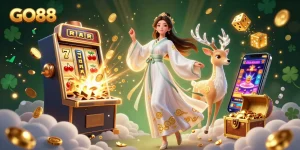 Spin and win at GO88 with vibrant 3D visuals of slot machines and dynamic casino elements, enticing players to join.