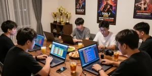 Engaged players at home enjoying bandar togel games with live results on screens.
