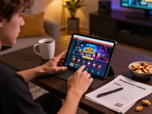 Player enjoying non gamstop casinos gameplay on tablet with coffee and strategy notes