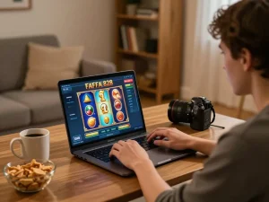 Player enjoying FAFA 828 online slots in a cozy home setting with snacks and ambient lighting.