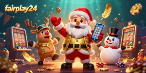 Experience excitement with fairplay24 in a vibrant casino illustration featuring Santa and friends.