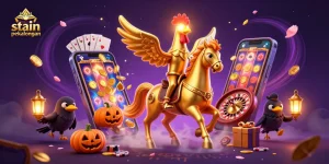 Engage in thrilling games at stain pekalongan with a vibrant casino scene featuring golden rooster and glowing elements.