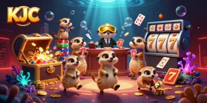 KJC meerkats running a casino operation with vibrant gaming elements in a rich underwater scene.
