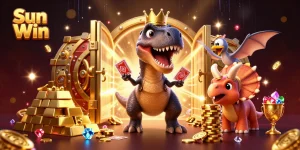 Experience the thrill of Sun Win as a T-Rex shuffles cards while a triceratops stacks chips in a vibrant casino.