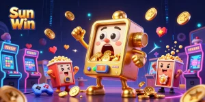 Experience the excitement of Sun Win as a golden slot machine hits the jackpot with coins flying everywhere!