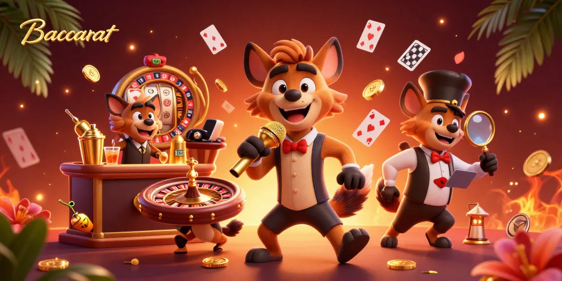 Baccarat game featuring cartoon hyenas in a comedy casino club, mixing drinks and telling jokes.