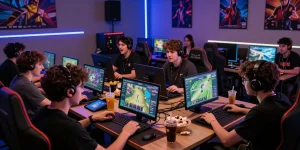 Raja Game login scene with players engaged, modern gaming setup, lively atmosphere.
