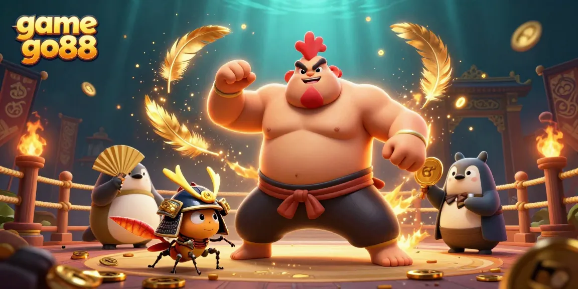 Experience game go88 in an energetic scene featuring animated rooster and samurai cricket.