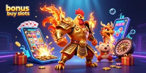 Experience exciting bonus buy slots with a dynamic 3D illustration featuring gaming elements and vibrant visuals.