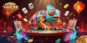 Experience the vibrant action at crazyvegas best payout casinos with a lively chameleon and casino elements.