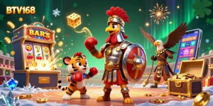 Engage in thrilling gaming as the BTV168 rooster gladiator stands in a vibrant casino scene.