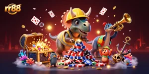 rr88 welcomes players with a lively scene featuring a triceratops building poker chips amidst cheering companions.
