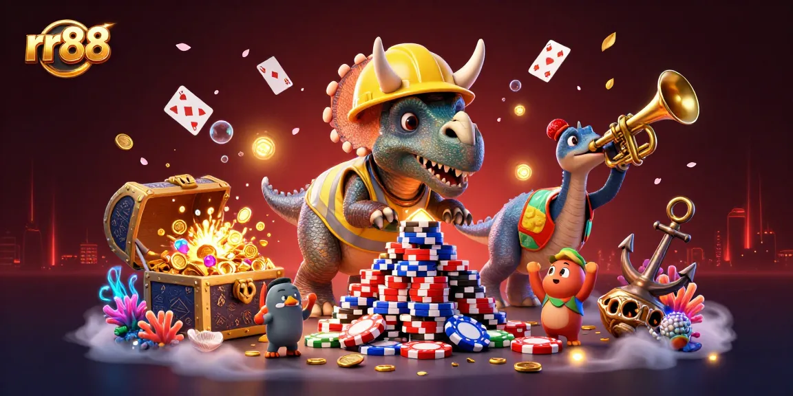 rr88 welcomes players with a lively scene featuring a triceratops building poker chips amidst cheering companions.